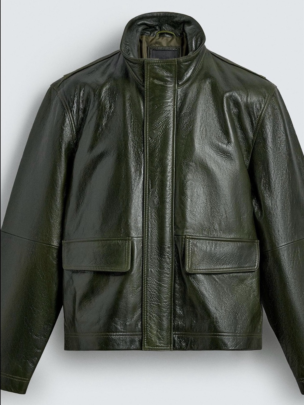 Zara Dark Green Leather Bomber Jacket